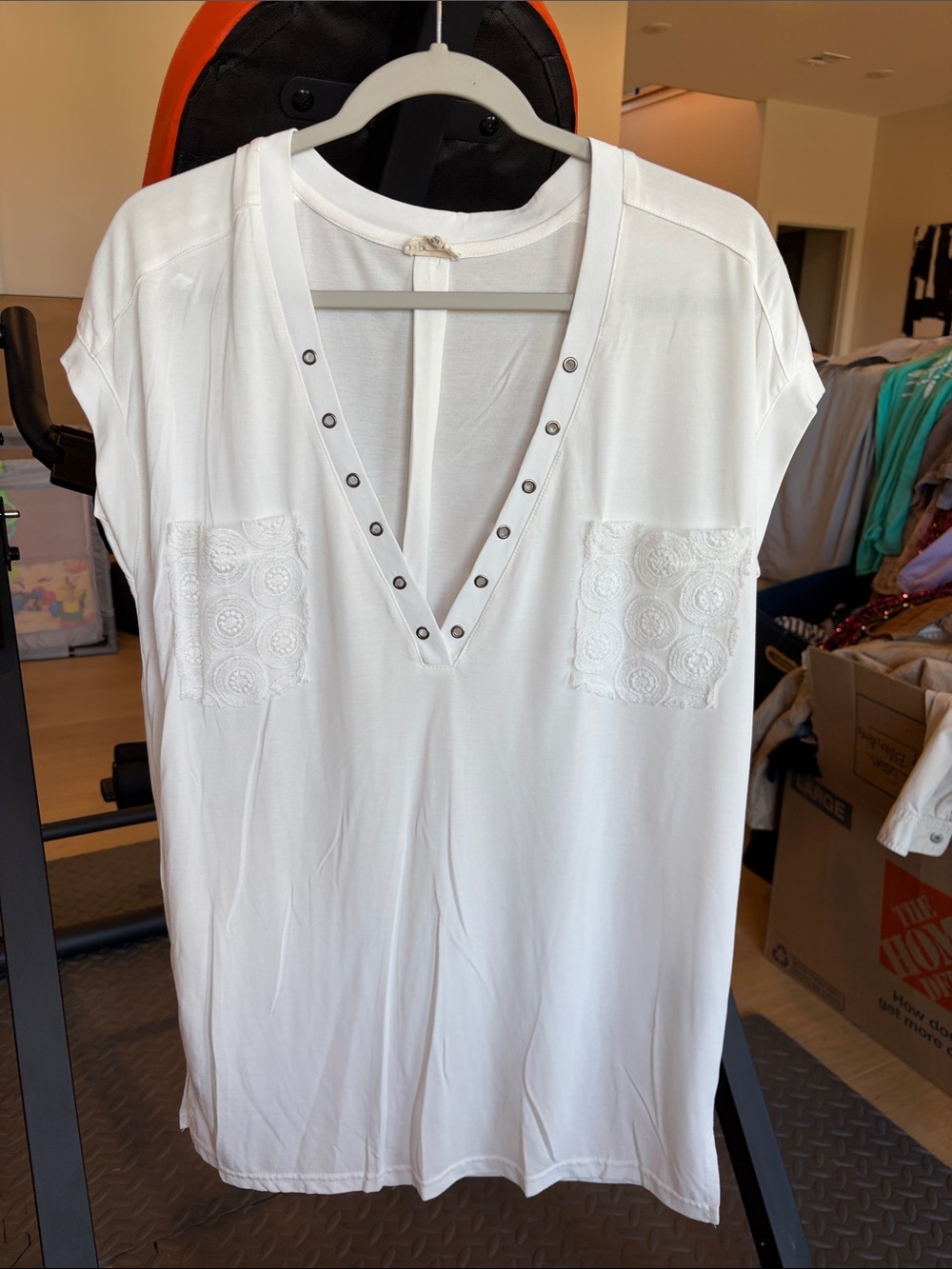POL White V-Neck Tunic with Eyelet Trim